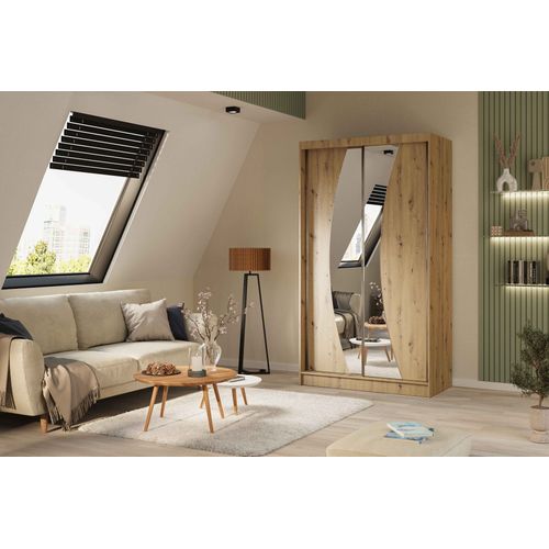 Armoire Vox 120 Cm – 2 Portes Coulissantes Avec Miroir Et 2 Modules à Tiroirs – Chêne Artisan