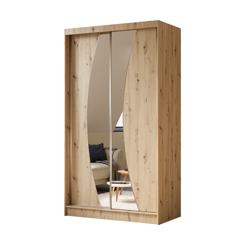 Armoire Vox 120 Cm – 2 Portes Coulissantes Avec Miroir Et 2 Modules à Tiroirs – Chêne Artisan