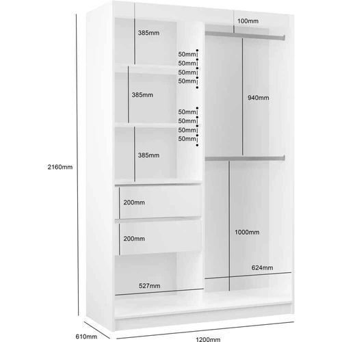 Armoire Helix 120 Cm, 2 Portes Coulissantes, 2 Tiroirs, Miroir, Chêne Artisan et Noir Lamelles
