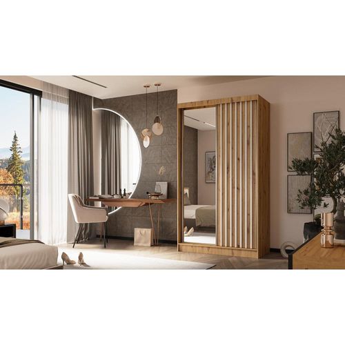 Armoire Helix 120 Cm, 2 Portes Coulissantes, 2 Tiroirs, Miroir, Chêne Artisan et Blanc Lamelles