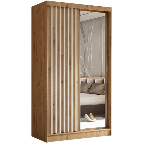 Armoire Helix 120 Cm, 2 Portes Coulissantes, 2 Tiroirs, Miroir, Chêne Artisan et Blanc Lamelles