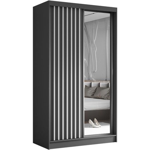 Armoire Helix 120 Cm, 2 Portes Coulissantes, 2 Tiroirs, Miroir, Graphite et Blanc Lamelles