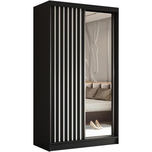 Armoire Helix 120 Cm, 2 Portes Coulissantes, 2 Tiroirs, Miroir, Noir et Blanc Lamelles