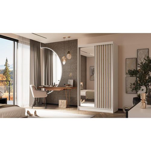 Armoire Helix 120 Cm, 2 Portes Coulissantes, 2 Tiroirs, Miroir, Blanc et Chêne Artisan Lamelles