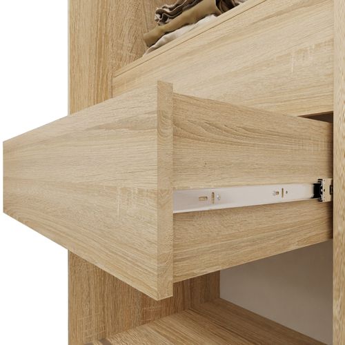 Armoire Helix 120 Cm, 2 Portes Coulissantes, 2 Tiroirs, Miroir, Cachemire et Chêne Artisan Lamelles