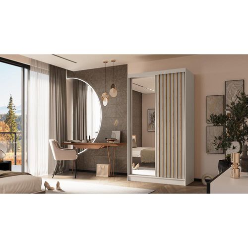 Armoire Helix 120 Cm, 2 Portes Coulissantes Miroir, Cachemire et Chêne Artisan Lamelles