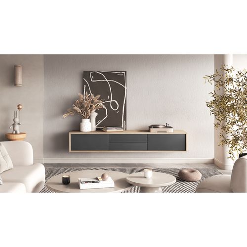 Meuble TV Avec 2 Abattants Et 2 Tiroirs, 180cm,  Chêne Huilé/anthracite, Frida