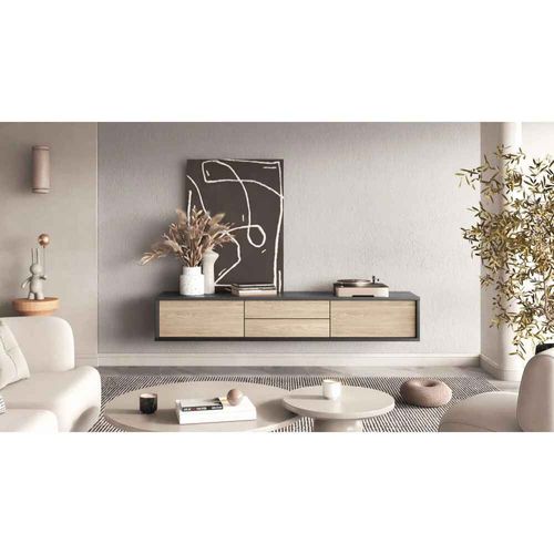 Meuble TV Avec 2 Abattants Et 2 Tiroirs, 180cm, Anthracite/chêne Huilé Frida