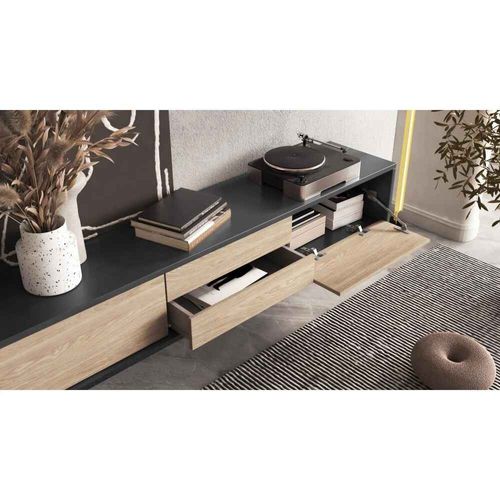 Meuble TV Avec 2 Abattants Et 2 Tiroirs, 180cm, Anthracite/chêne Huilé Frida