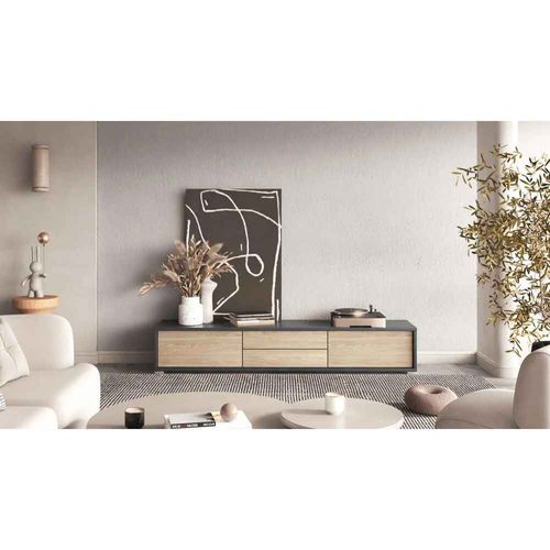 Meuble TV Avec 2 Abattants Et 2 Tiroirs, 180cm, Anthracite/chêne Huilé Frida