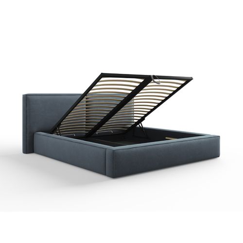 Lit Coffre Avec Tête De Lit Double "arendal" 180x200cm En Tissu Structurel Bleu