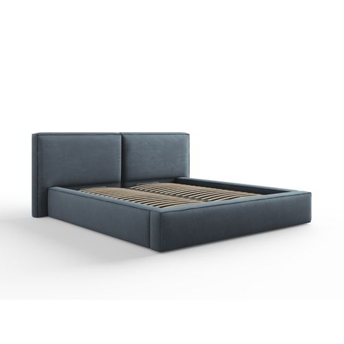 Lit Coffre Avec Tête De Lit Double "arendal" 180x200cm En Tissu Structurel Bleu