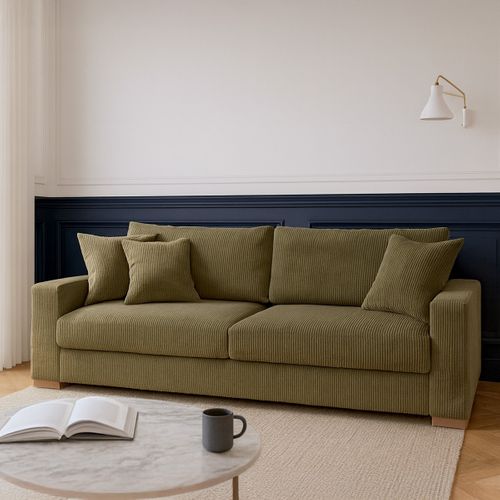 Canapé Convertible 3 Places En Velours Côtelé Vert Kaki Avec Coffre De Rangement - Robin