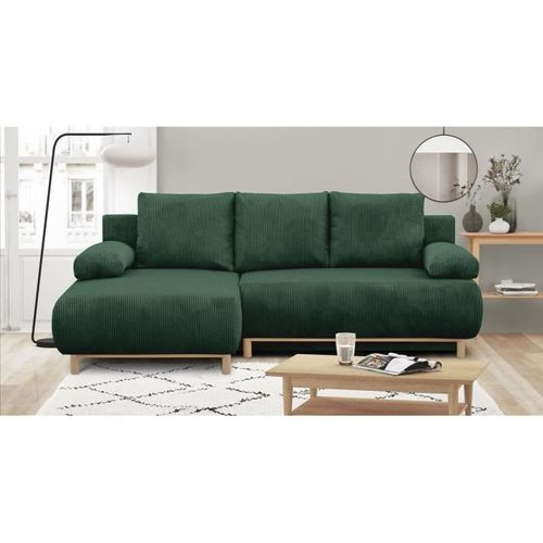 Canapé D'angle Gauche Convertible 3 Places - Tissu Velours Côtelé Vert Foncé - Coffre - 192x84x93cm