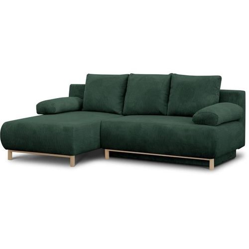 Canapé D'angle Gauche Convertible 3 Places - Tissu Velours Côtelé Vert Foncé - Coffre - 192x84x93cm