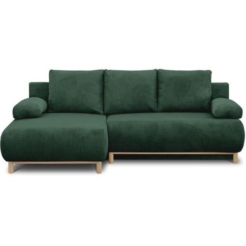 Canapé D'angle Gauche Convertible 3 Places - Tissu Velours Côtelé Vert Foncé - Coffre - 192x84x93cm
