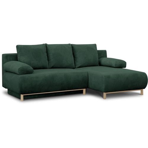 Canapé D'angle Droite Convertible - 3 Places - Mika - Tissu Velours Côtelé Vert Foncé - Coffre