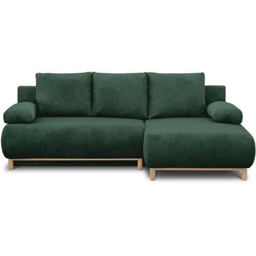 Canapé D'angle Droite Convertible - 3 Places - Mika - Tissu Velours Côtelé Vert Foncé - Coffre