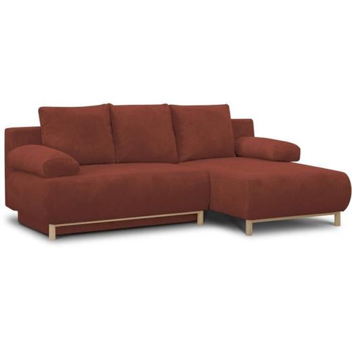 Canapé D'angle Droit Convertible - 3 Places - Tissu Velours Côtelé Rouille - Coffre De Rangement -