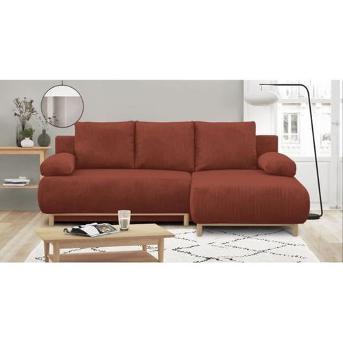 Canapé D'angle Droit Convertible - 3 Places - Tissu Velours Côtelé Rouille - Coffre De Rangement -