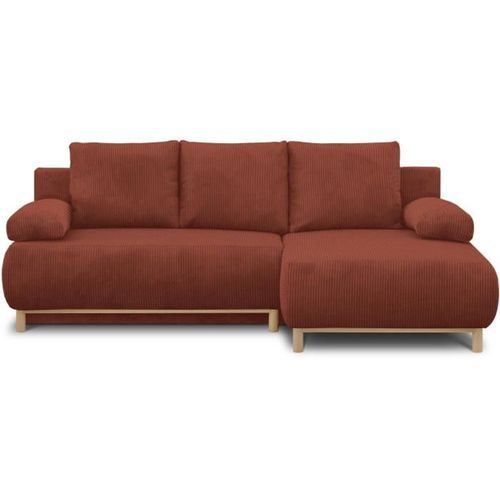 Canapé D'angle Droit Convertible - 3 Places - Tissu Velours Côtelé Rouille - Coffre De Rangement -