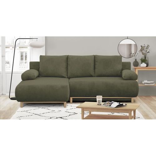 Canapé D'angle Gauche Convertible - 3 Places - Tissu Velours Côtelé Vert Kaki - Coffre - 192x84x93cm