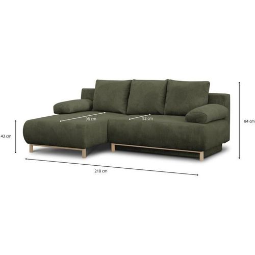 Canapé D'angle Gauche Convertible - 3 Places - Tissu Velours Côtelé Vert Kaki - Coffre - 192x84x93cm