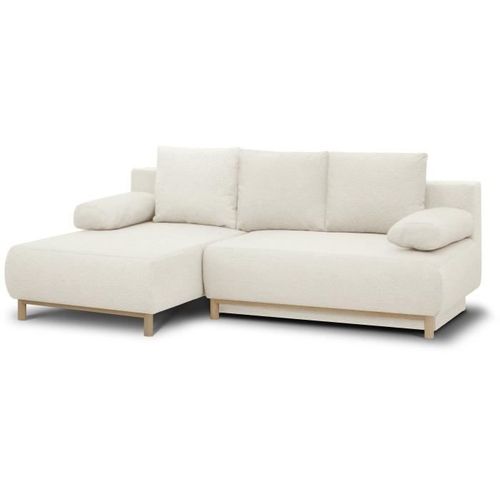 Canapé D'angle Gauche Convertible 3 Places Tissu Bouclettes Écru - Coffre De Rangement - 192x84x93cm
