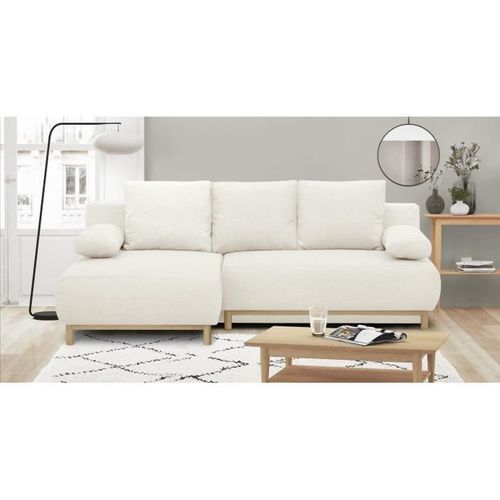 Canapé D'angle Gauche Convertible 3 Places Tissu Bouclettes Écru - Coffre De Rangement - 192x84x93cm