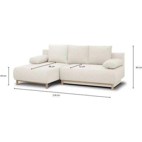 Canapé D'angle Gauche Convertible 3 Places Tissu Bouclettes Écru - Coffre De Rangement - 192x84x93cm