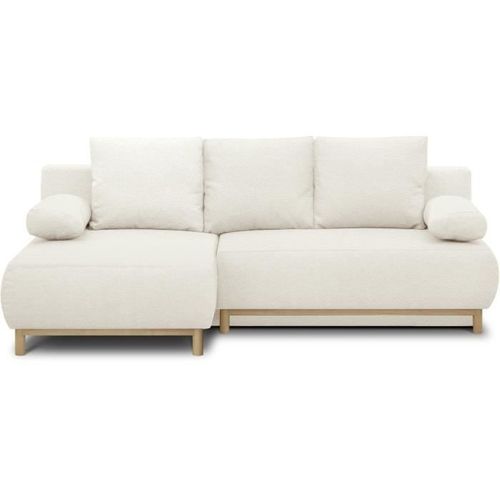 Canapé D'angle Gauche Convertible 3 Places Tissu Bouclettes Écru - Coffre De Rangement - 192x84x93cm