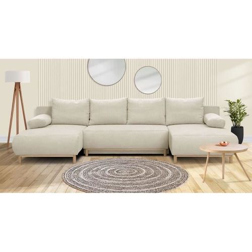 Canapé Panoramique Convertible 6 Places Mika - Velours Côtelé Beige - Coffre - 313x84x145cm