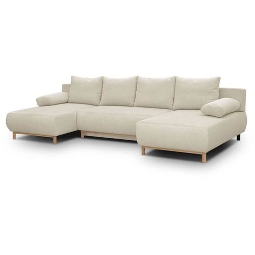 Canapé Panoramique Convertible 6 Places Mika - Velours Côtelé Beige - Coffre - 313x84x145cm