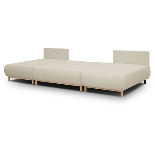 Canapé Panoramique Convertible 6 Places Mika - Velours Côtelé Beige - Coffre - 313x84x145cm