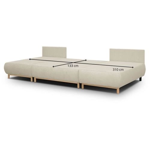 Canapé Panoramique Convertible 6 Places Mika - Velours Côtelé Beige - Coffre - 313x84x145cm