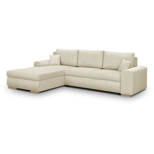 Canapé D'angle Convertible - 5 Places - Indian - Tissu Velours Côtelé Beige - Coffre De Rangement