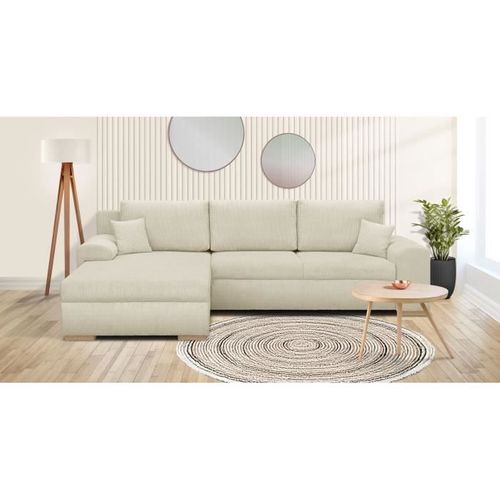 Canapé D'angle Convertible - 5 Places - Indian - Tissu Velours Côtelé Beige - Coffre De Rangement