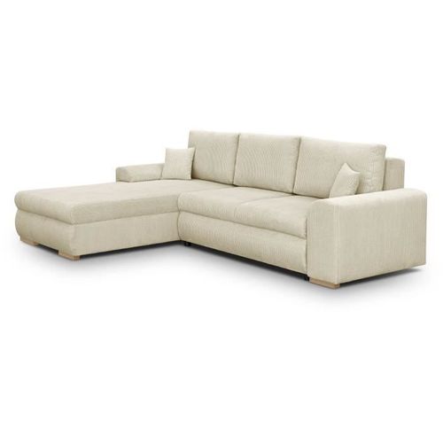 Canapé D'angle Convertible - 5 Places - Indian - Tissu Velours Côtelé Beige - Coffre De Rangement