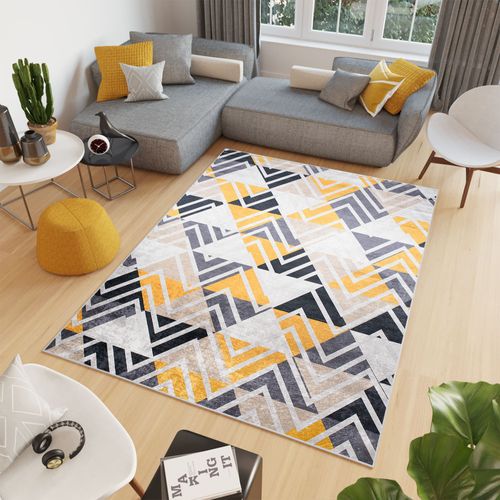 Tapis Salon Jaune Gris Beige Triangles Zigzag Fin 80x150 Toscana