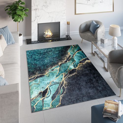 Tapis Salon Vert Foncé Doré Marbre Vagues Fin 120x170 Toscana