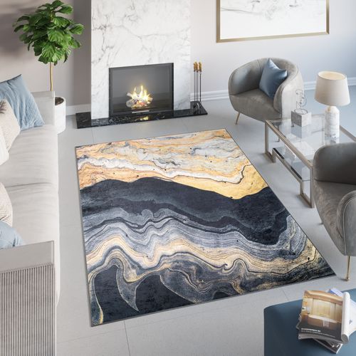 Tapis Salon Anthracite Doré Ondes Abstrait Fin 120x170 Toscana