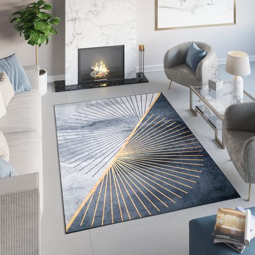 Tapis Salon Graphite Doré Gris Design Rayons Fin 140x200 Toscana