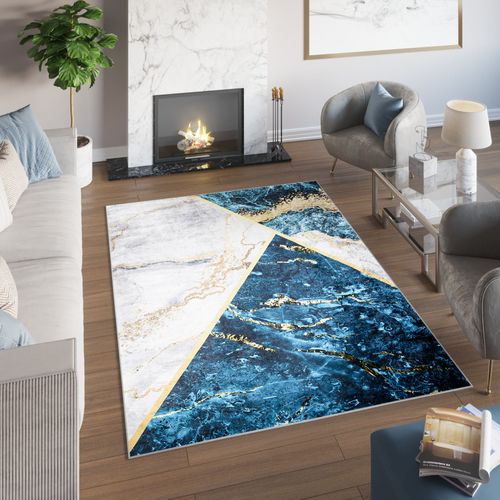 Tapis Salon Bleu Gris Doré Géométrique Marbré Fin 160x230 Toscana