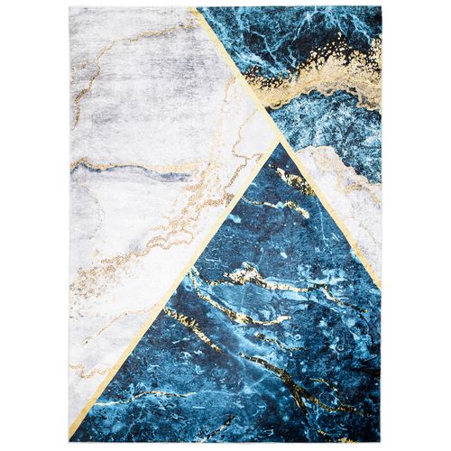 Tapis Salon Bleu Gris Doré Géométrique Marbré Fin 160x230 Toscana