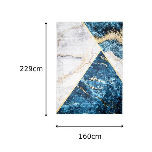 Tapis Salon Bleu Gris Doré Géométrique Marbré Fin 160x230 Toscana