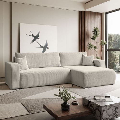 Canapé D’angle Convertible Senna En Velours Cotelé - Blanc Cassé