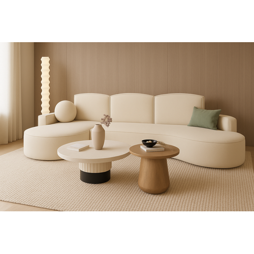 Canapé D’angle Molly à La Forme Arrondie En Velours Beige Crème Et Gris – Une Forme Arrondie Tendanc