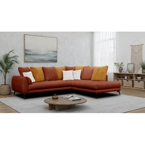 Canapé D'angle 5 Places Calme, Tissu Orange Foncé Et Écru