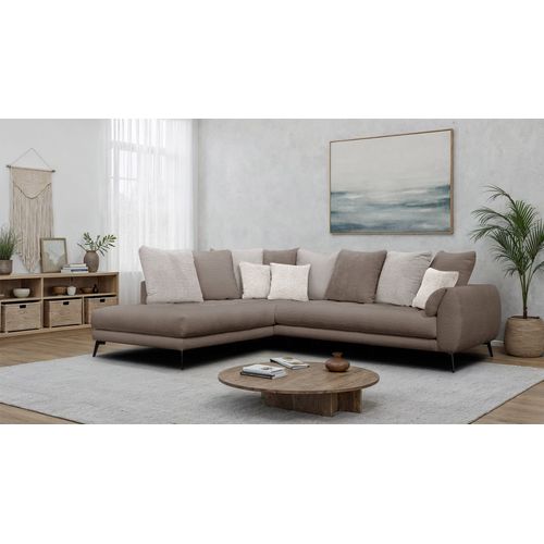 Canapé D'angle 5 Places Calme, Tissu Beige Et Écru