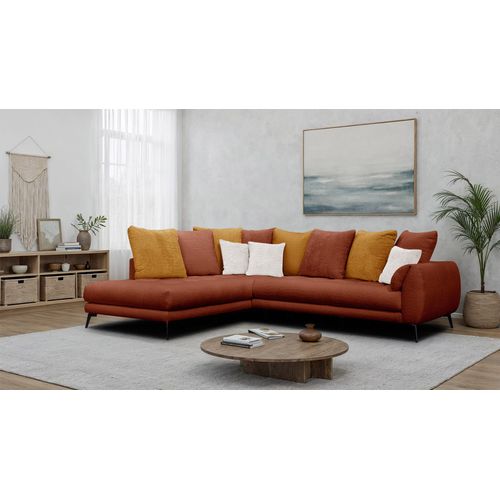 Canapé D'angle 5 Places Calme, Tissu Orange Foncé Et Écru